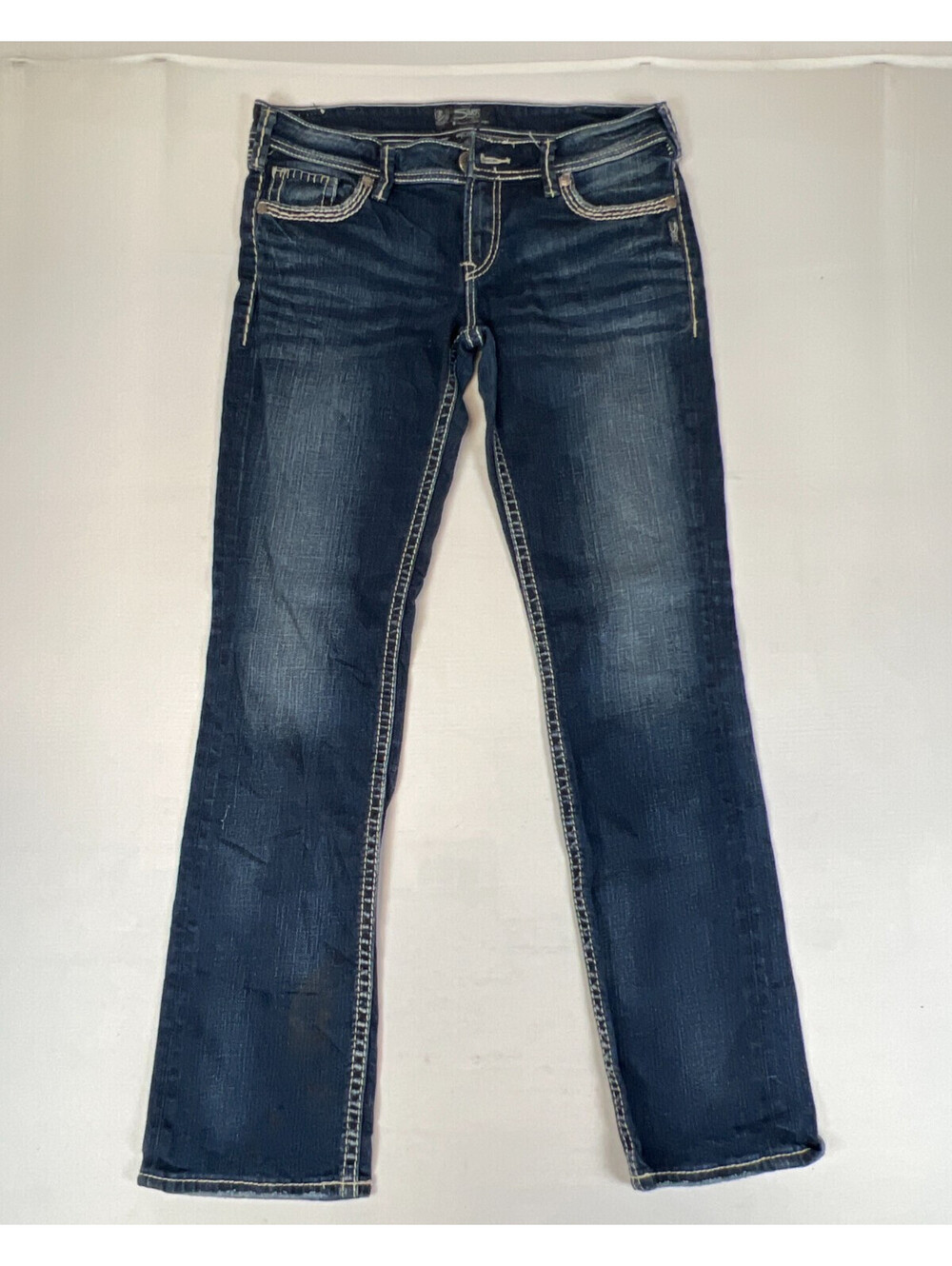 Silver Jeans Co Berkley Flap Womens W31 L32 Blue Denim Bootcut Jeans Distressed